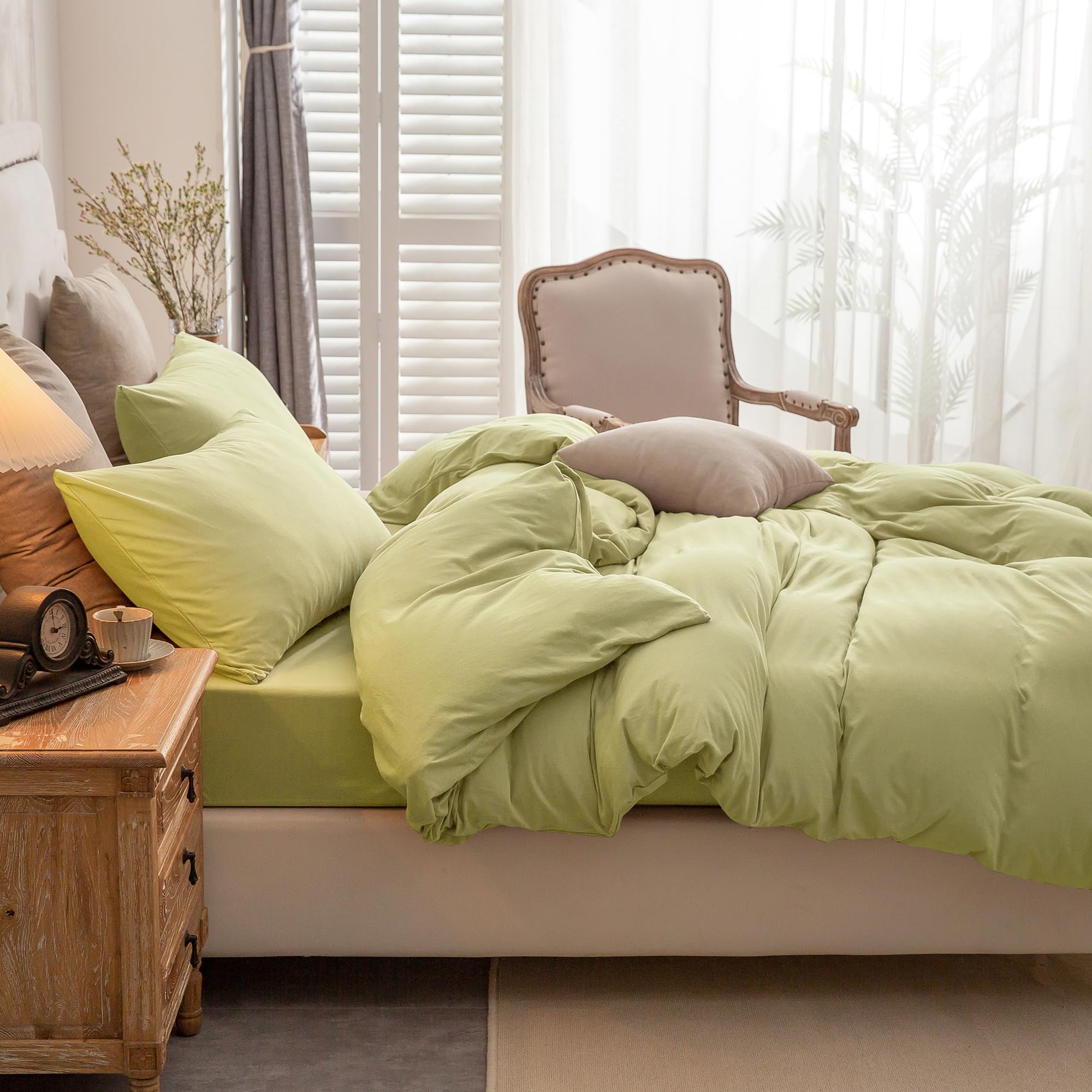 Pure Era Jersey Knit Duvet Cover Set 100% T-Shirt Cotton Super Soft Comfy 3Pc Bedding Set With Zipper Closure (Solid Matcha Gree